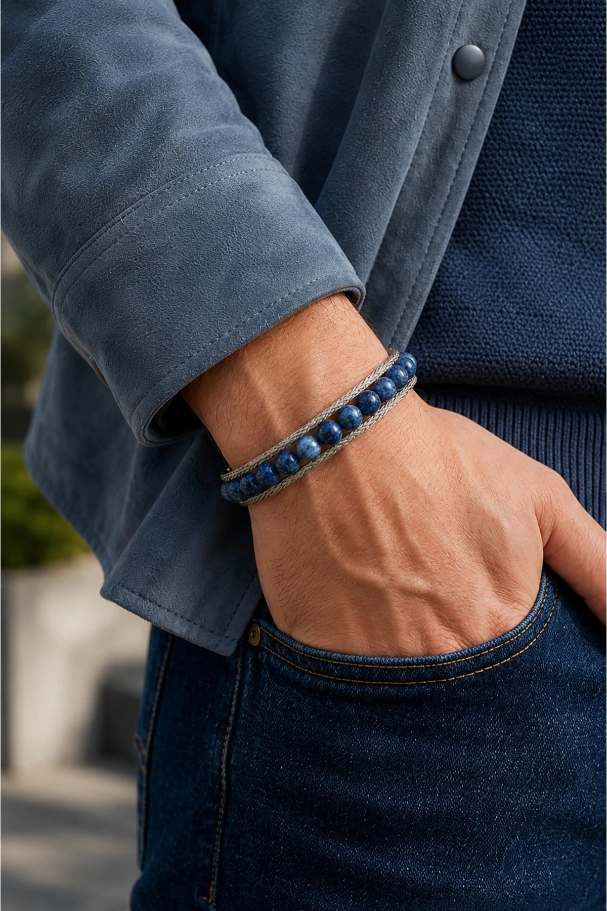 Erkek Çelik Lapis Lazuli Doğal Taş Bileklik Çift Sıra Örgü Tasarım Şık Modern Bileklik