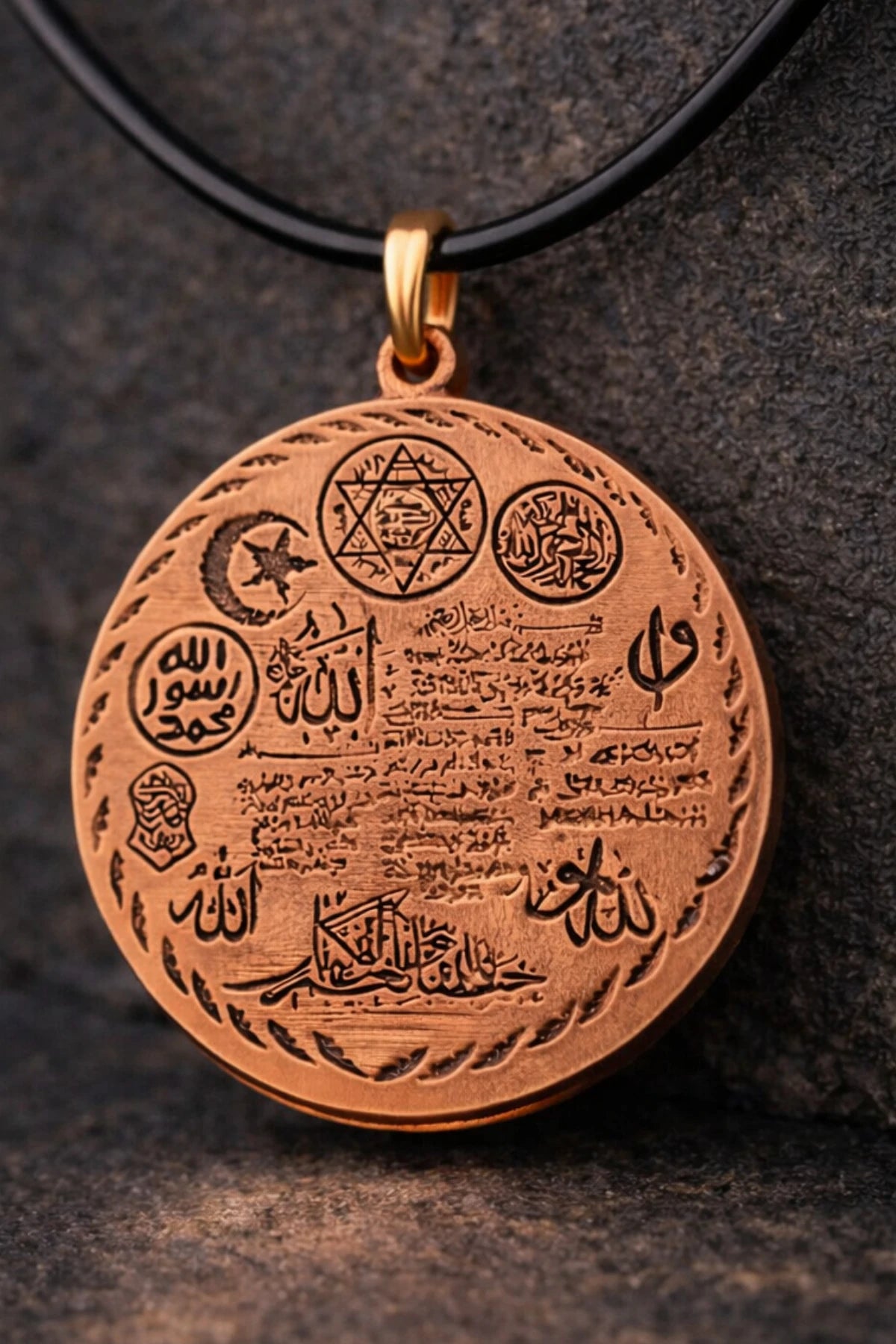 Erkek Kadın Bakır Kolye Koruma Duası Tılsımlı Madalyon Kolye Çift Taraflı İşlemeli Deri Zincirli
