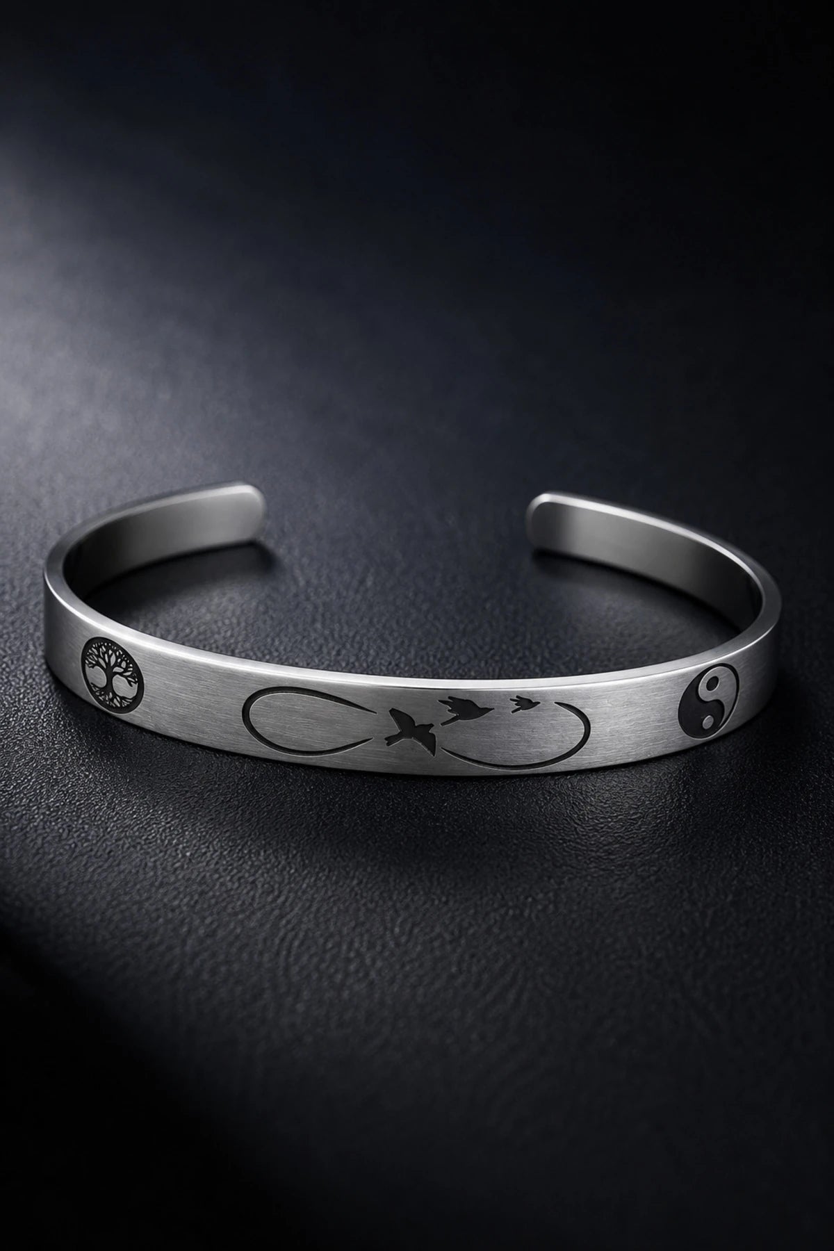 Hayat Ağacı ve Yin Yang Desenli Paslanmaz Çelik Bileklik Unisex Ayarlanabilir Bilezik
