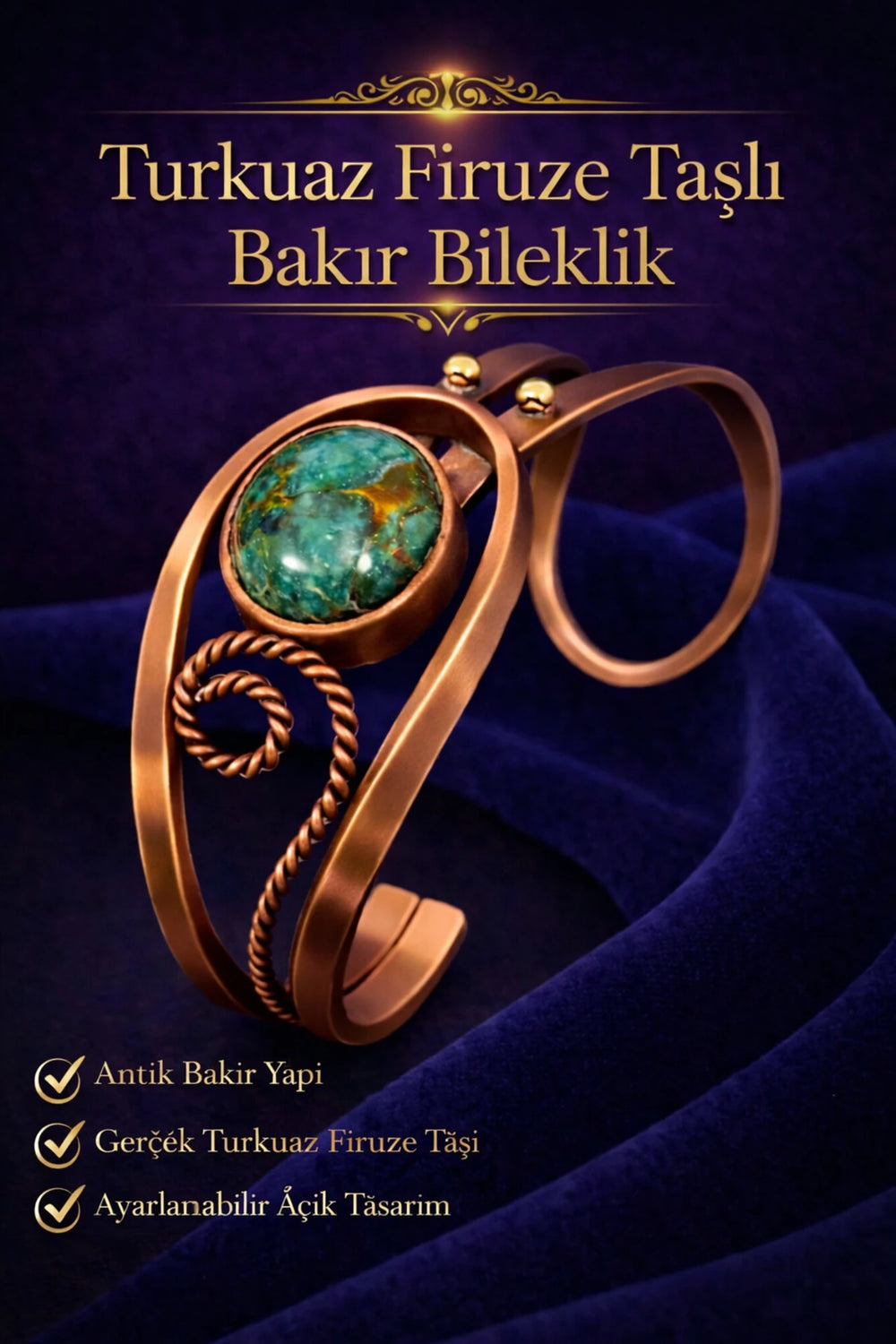 Kadın Bakır Bileklik Doğal Turkuaz Firuze Taşlı Otantik Model Bilezik Her Bileğe Uygun