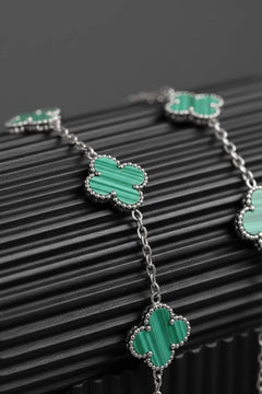 Erkek Kadın Çift Bilekliği Yeşil Malakit Taşlı Petal Yaprak Model Çizgili Çelik Bileklik