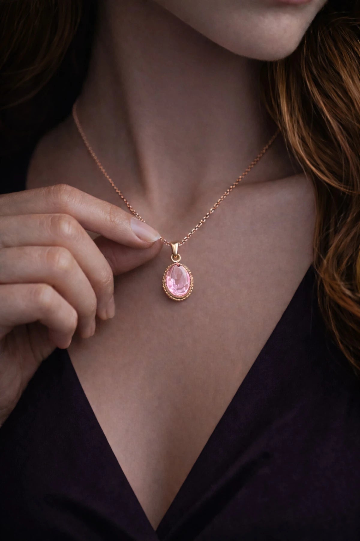 Kadın Bakır Kolye Doğal Açık Pembe Taşlı Minimal Model Kolye