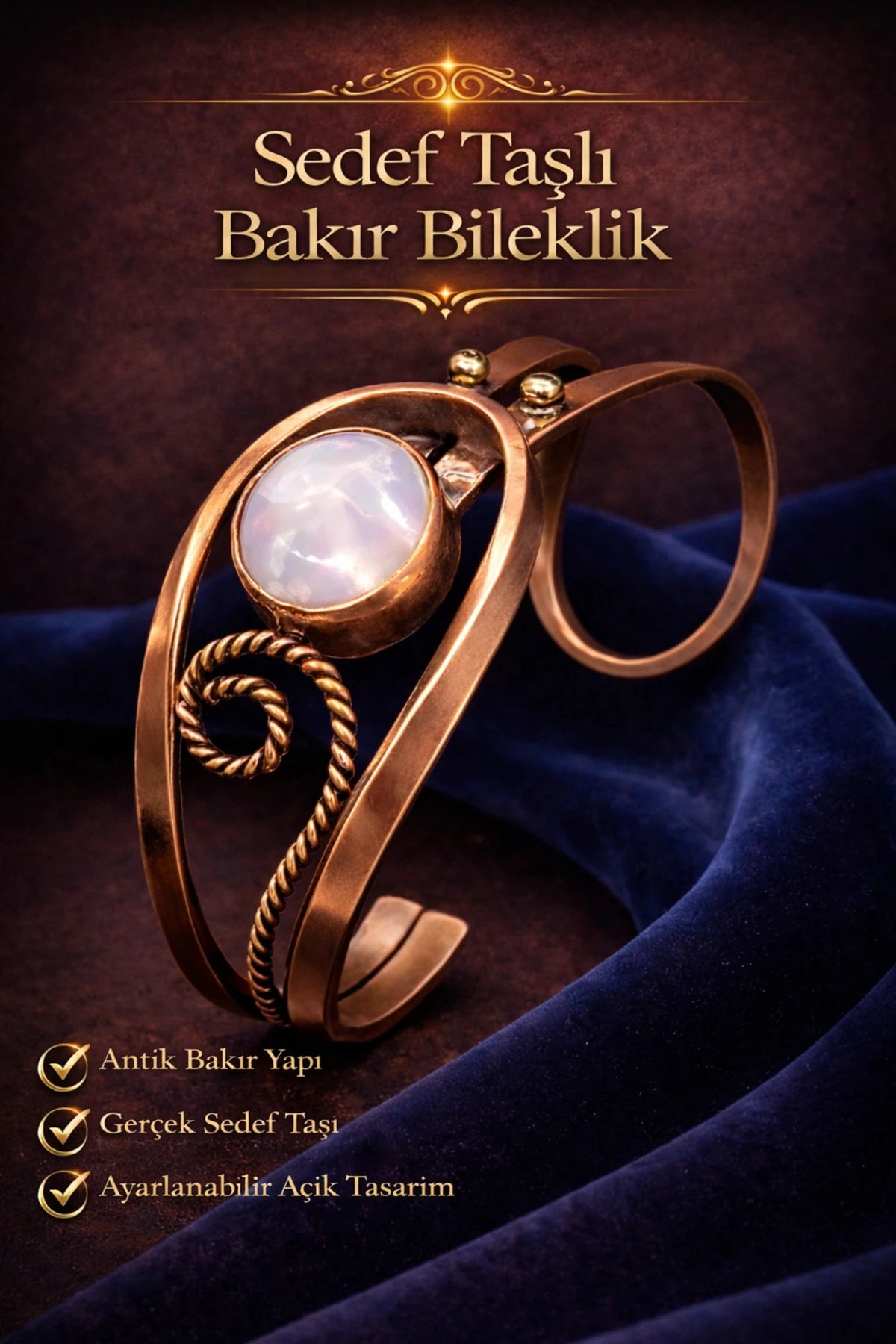 Kadın Bakır Bileklik Doğal Taşlı Otantik Model Bilezik Her Bileğe Uygun