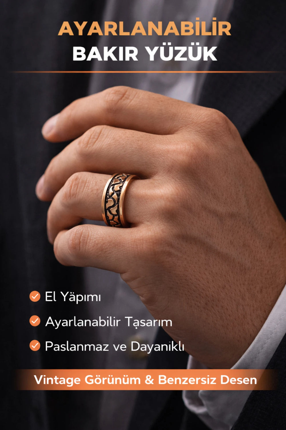 Erkek Bakır Yüzük Üstü Desenli Otanik Model Ayarlanabilir Erkek Yüzük