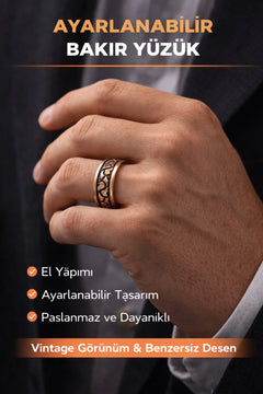 Erkek Bakır Yüzük Üstü Desenli Otanik Model Ayarlanabilir Erkek Yüzük
