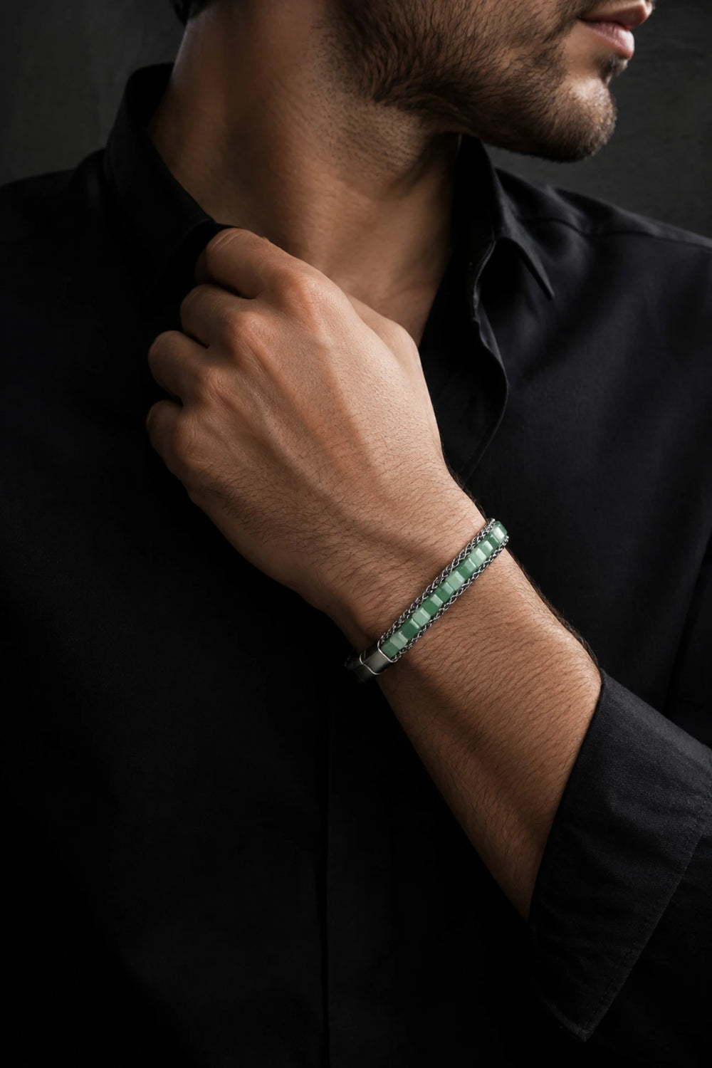 Erkek Çelik Bileklik Doğal Yeşil Aventurin Taşlı Jade Model Örgü Zincir Model Erkek Künye