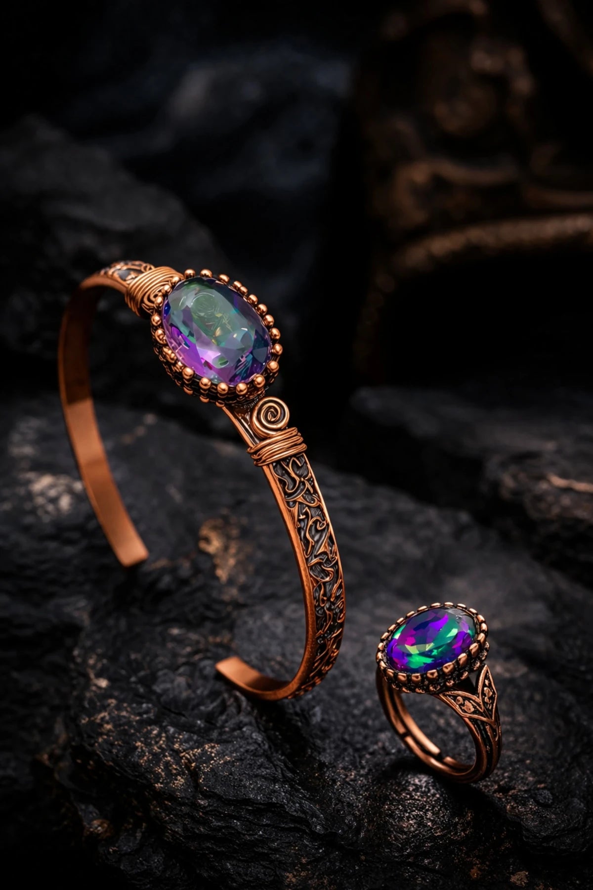 Kadın Bakır Bileklik Yüzük Set Mistik Topaz Oval Model Taşlı Kelepçe Bilezik