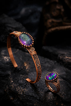 Kadın Bakır Bileklik Yüzük Set Mistik Topaz Oval Model Taşlı Kelepçe Bilezik