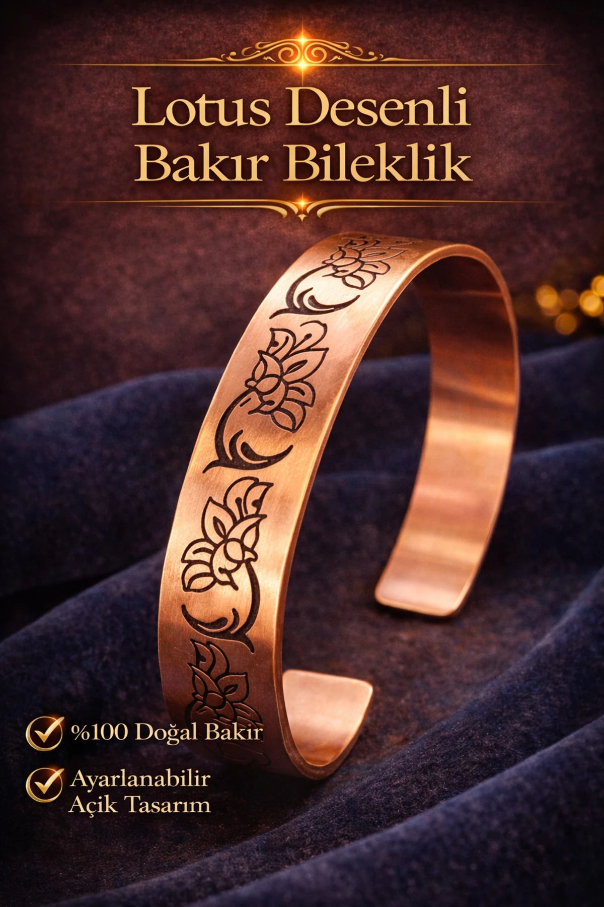 Kadın Bakır Bileklik Lotus Çiçeği Desenli El İşçiliği Saf Bakır Bilezik