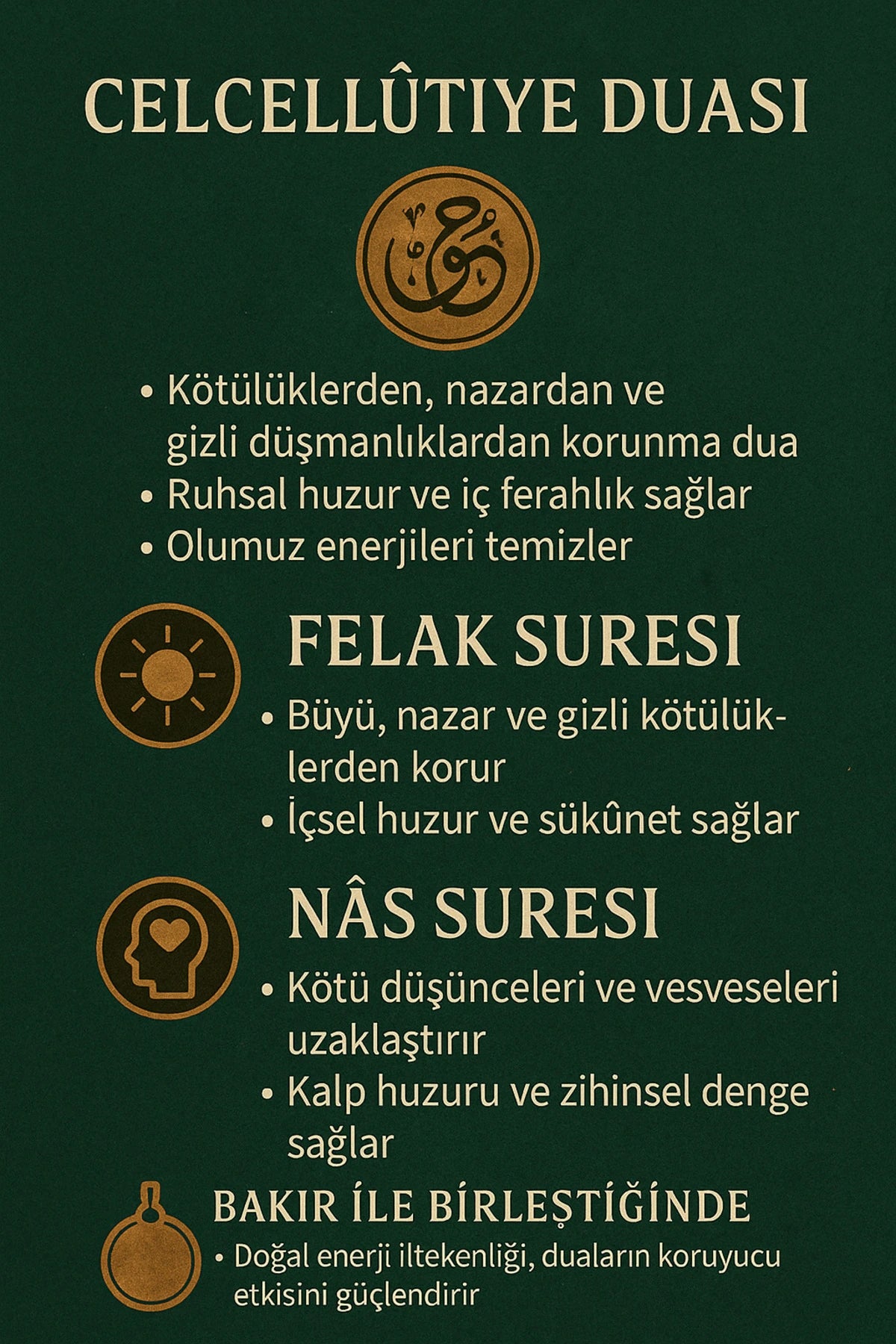 Desenli Dualı Bakır Bileklik Felak, Nas, Celcelutiye ve Hz. Süleyman Mühürlü Koruyucu Lazer Kazımalı