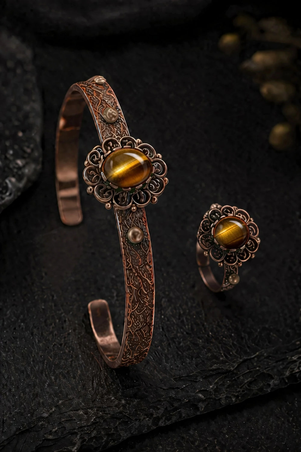 Kadın Bakır Bileklik Yüzük Set Doğal Siyah Oniks Taşlı Otantik Model Set