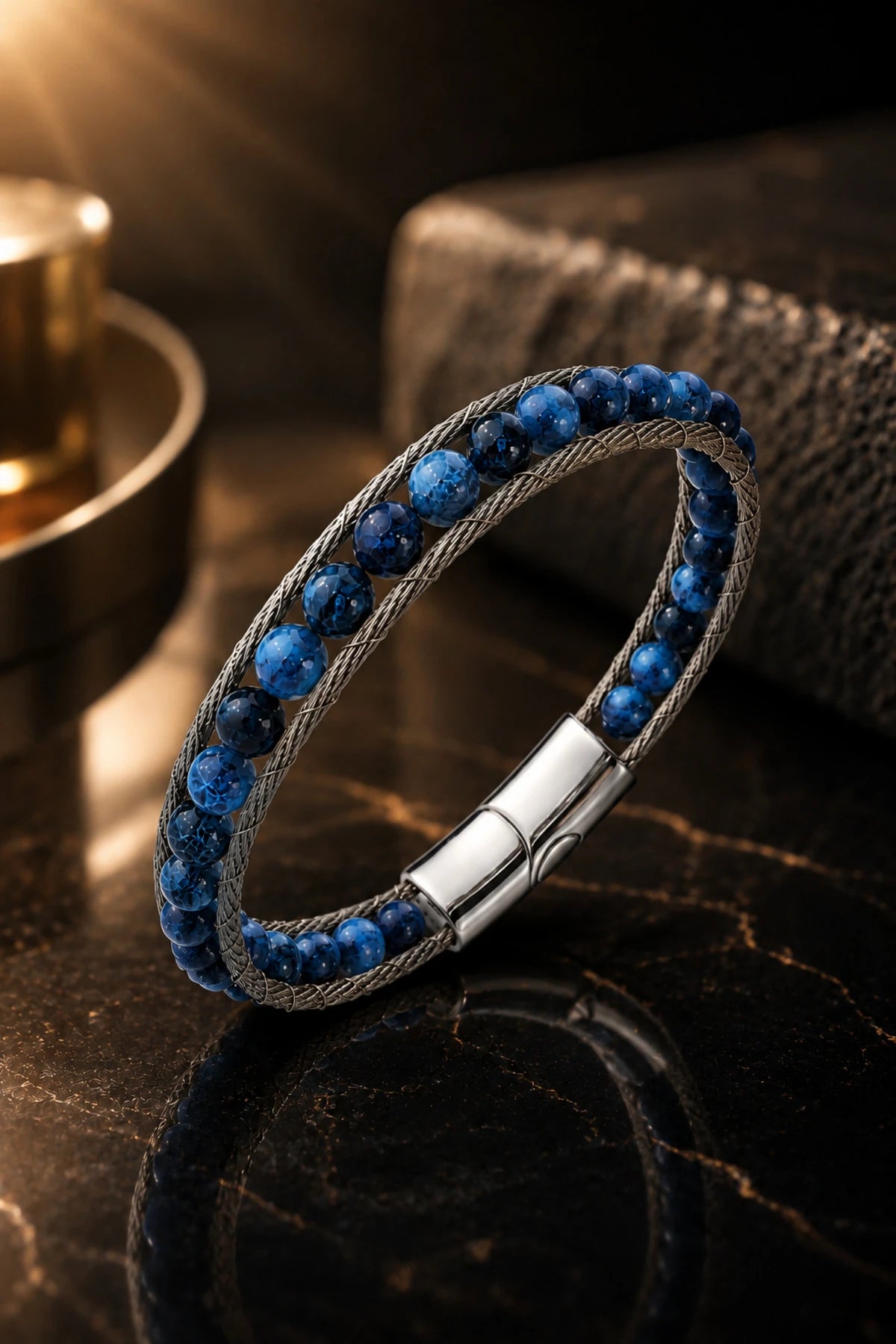 Erkek Çelik Lapis Lazuli Doğal Taş Bileklik Çift Sıra Örgü Tasarım Şık Modern Bileklik