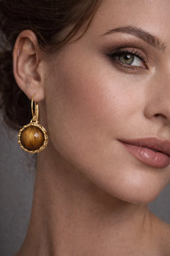 Kadın Bakır Küpe Kaplan Gözü Taşlı Altın Kaplama Model %100 Bakır küpe