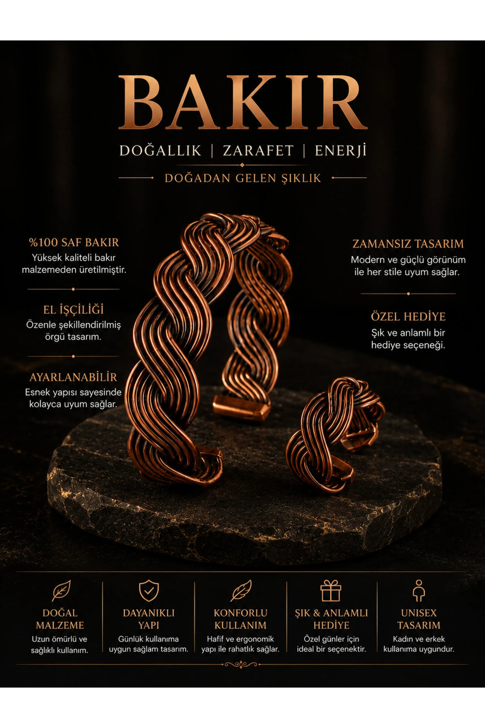 Kadın Örgü Desenli Bakır Bileklik ve Yüzük Seti Otantik El İşçiliği Ayarlanabilir Takı