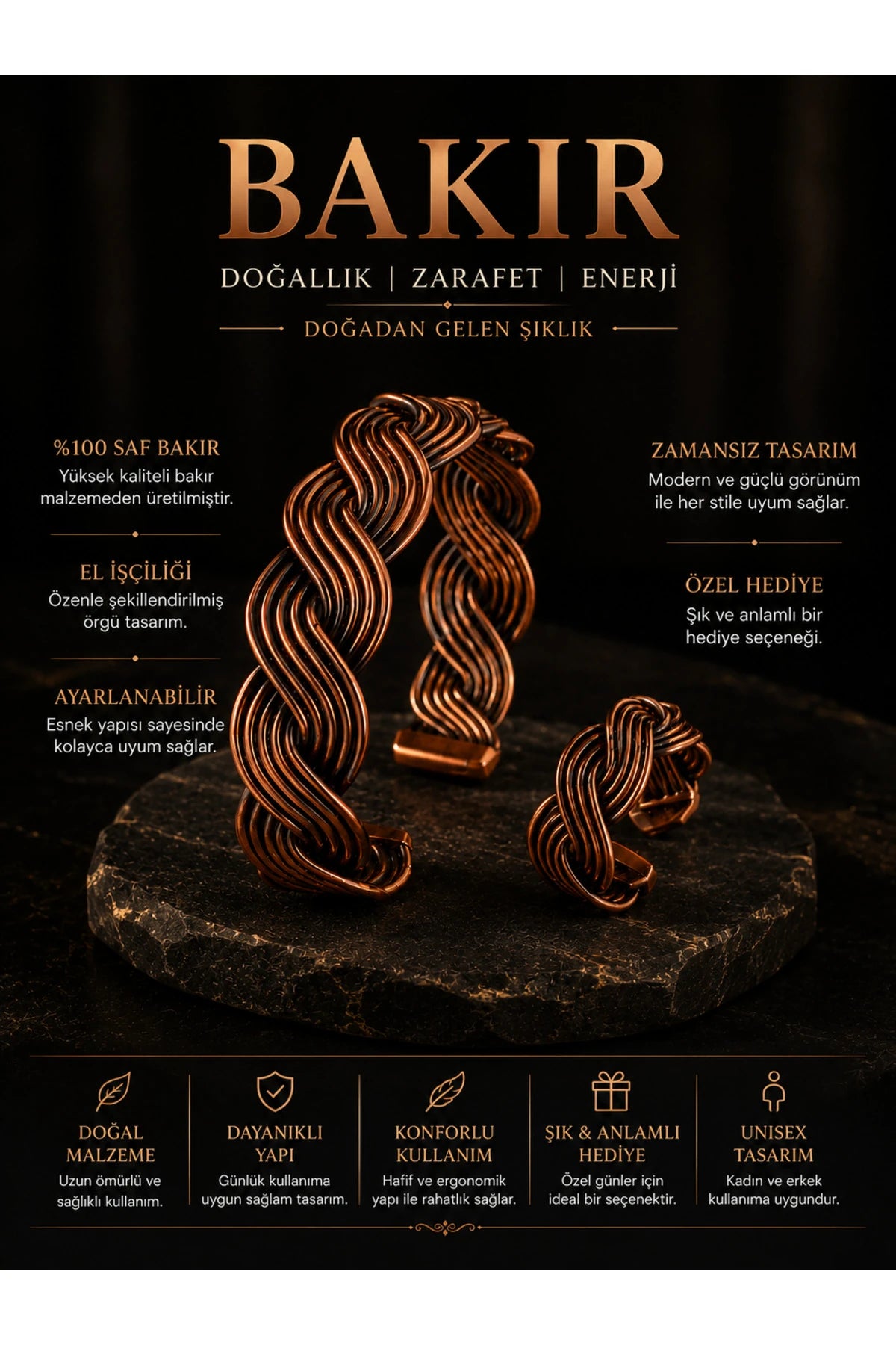 Kadın Örgü Desenli Bakır Bileklik ve Yüzük Seti Otantik El İşçiliği Ayarlanabilir Takı