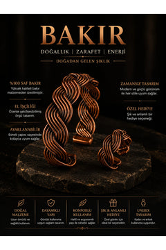 Kadın Örgü Desenli Bakır Bileklik ve Yüzük Seti Otantik El İşçiliği Ayarlanabilir Takı