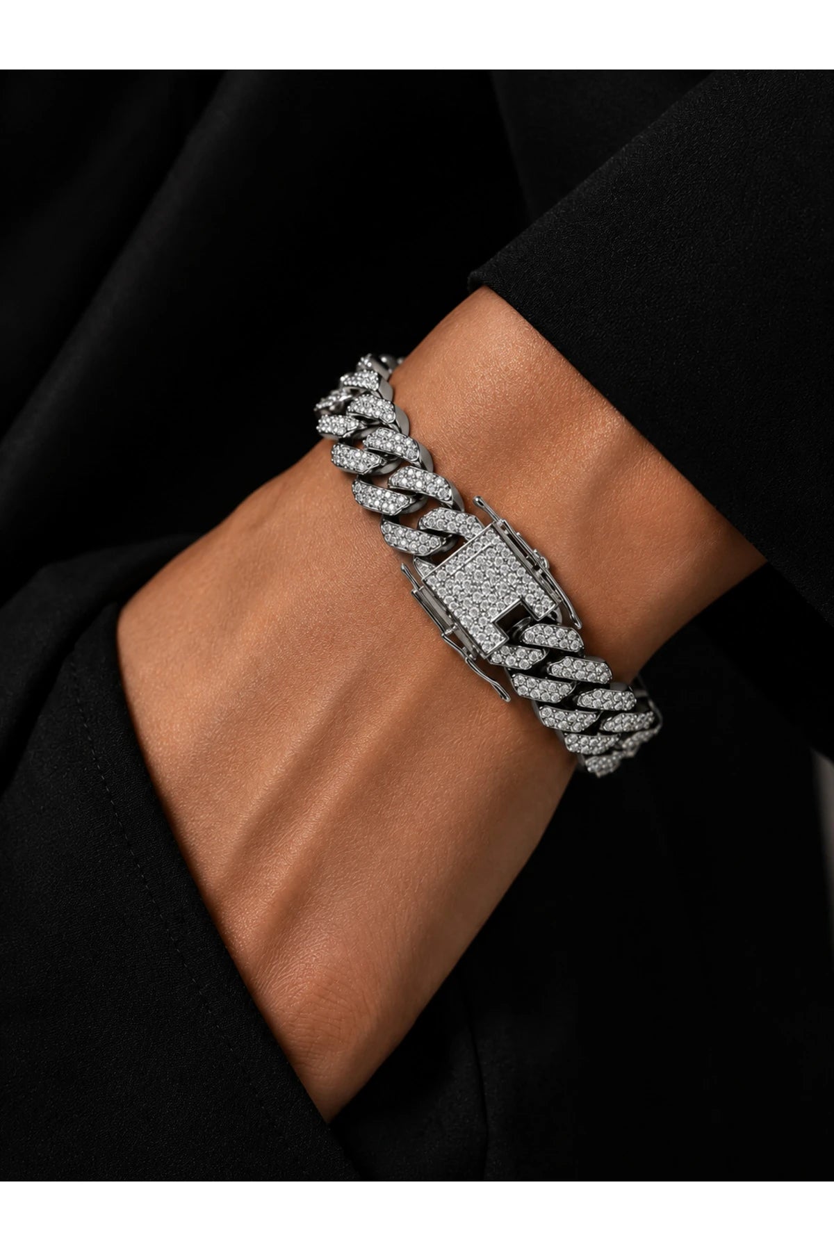 Erkek Taşlı Cuban Chain Bileklik Zirkon Taşlı Hip Hop Rapçi Stil Paslanmaz Çelik Bileklik