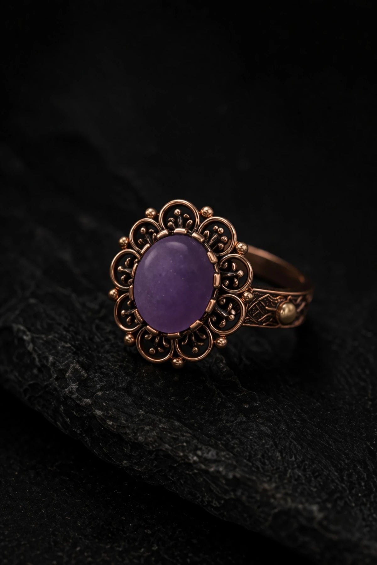Kadın Bakır Bileklik Yüzük Set Doğal Mor Ametist Taşlı Otantik Model Set