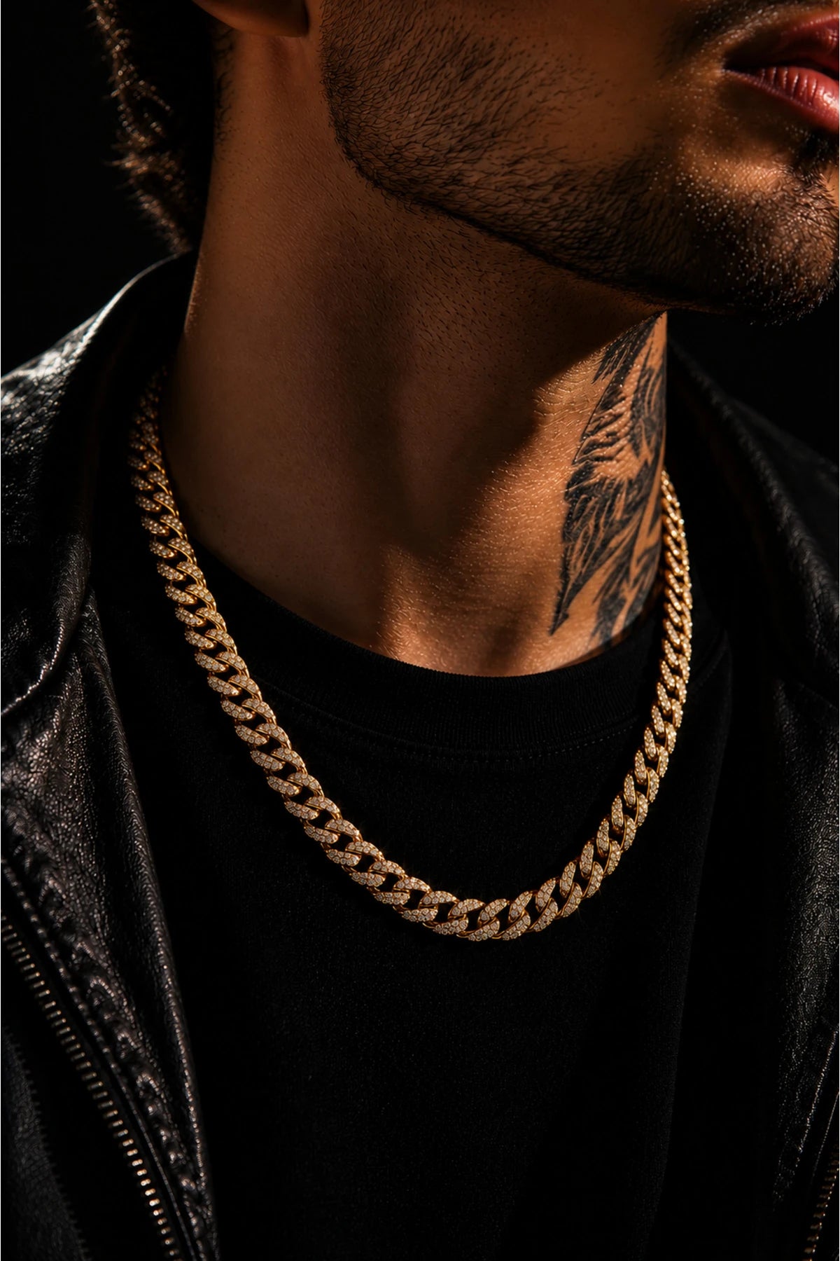 Erkek Kadın Taşlı Altın Kaplama Cuban Chain Kolye Zirkon Taşlı Hip Hop Rapçi Stil Paslanmaz Çelik Kolye