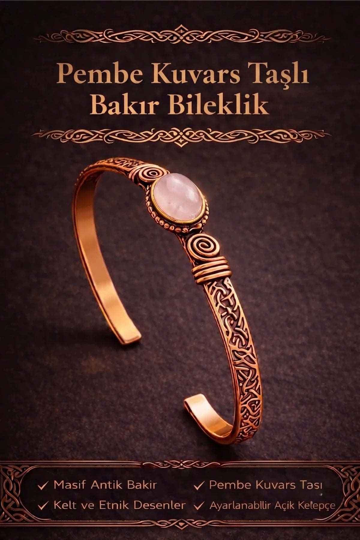 Kadın Bakır Bileklik Pembe Kuvars Taşlı Kelepçe Bilezik
