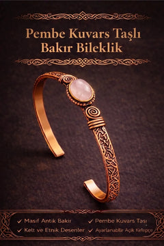 Kadın Bakır Bileklik Pembe Kuvars Taşlı Kelepçe Bilezik
