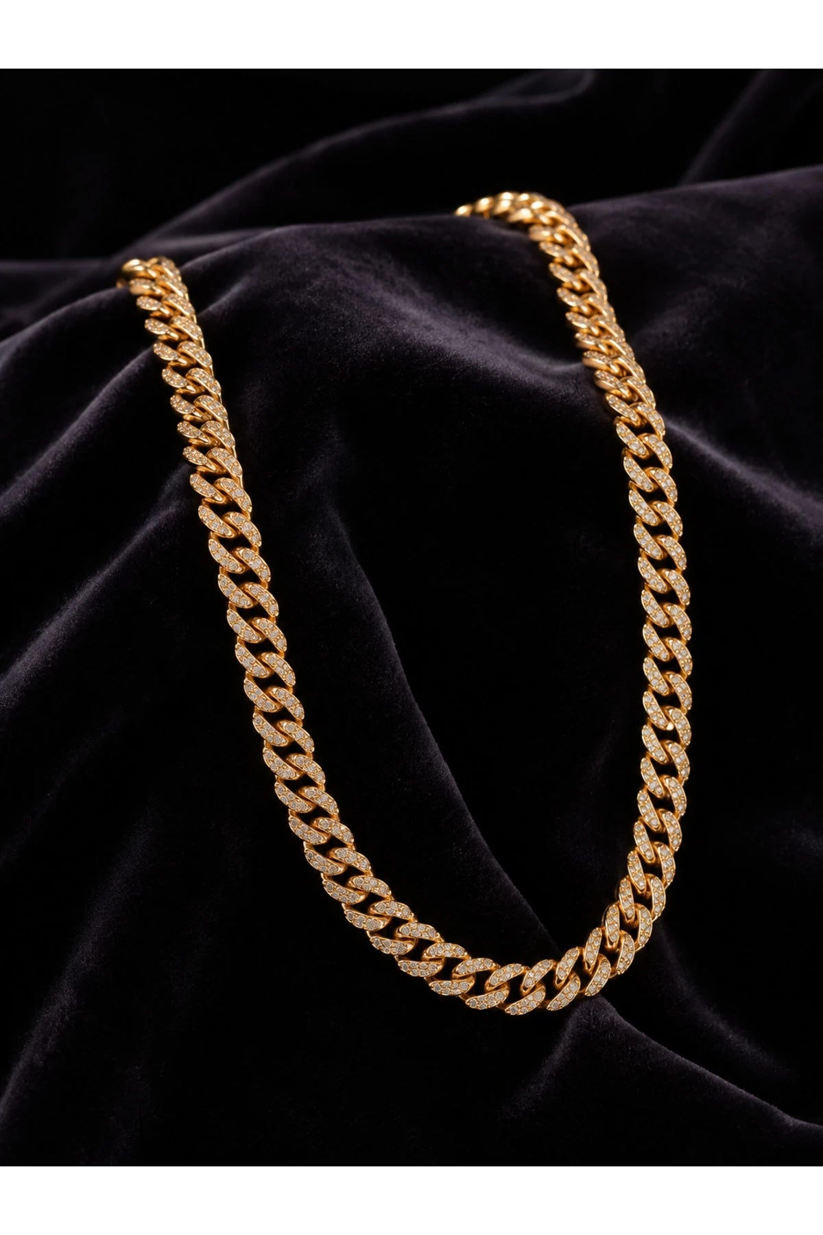 Erkek Kadın Taşlı Altın Kaplama Cuban Chain Kolye Zirkon Taşlı Hip Hop Rapçi Stil Paslanmaz Çelik Kolye