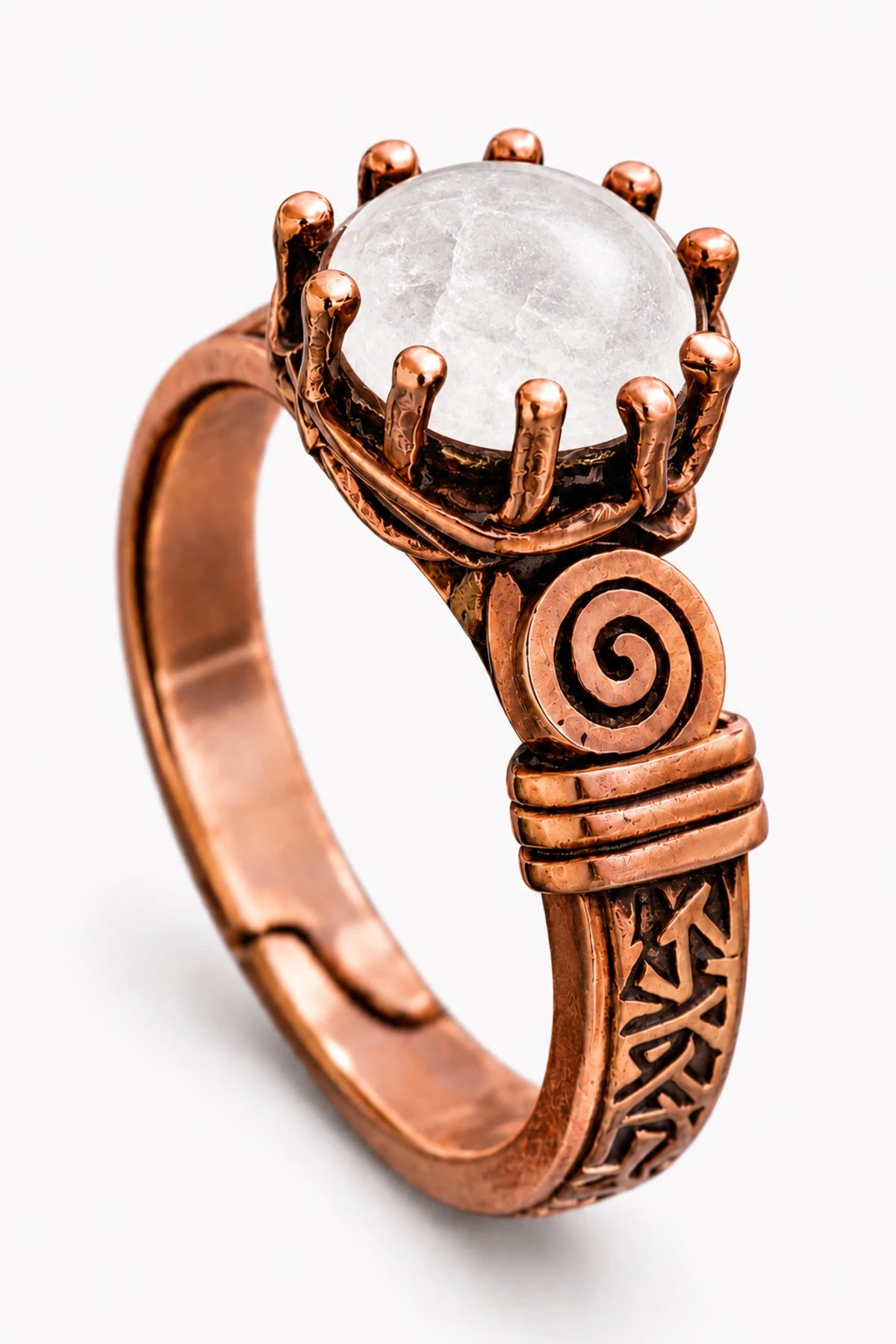 El Yapımı Beyaz Kuvars Taşlı Bakır Yüzük 9.5mm Doğal Taş Antialerjik Kadın Ayarlanabilir Yüzük