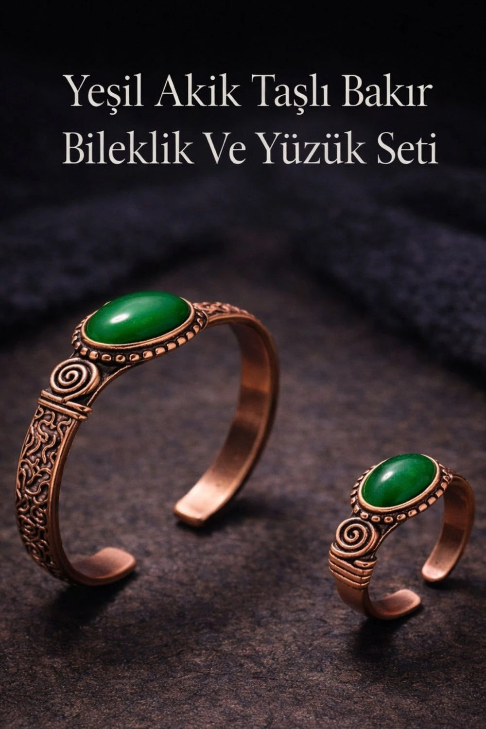 Kadın Bakır Bileklik ve Yüzük Takım Seti Yeşil Akik Taşlı Set El İşçiliği Özel Tasarım