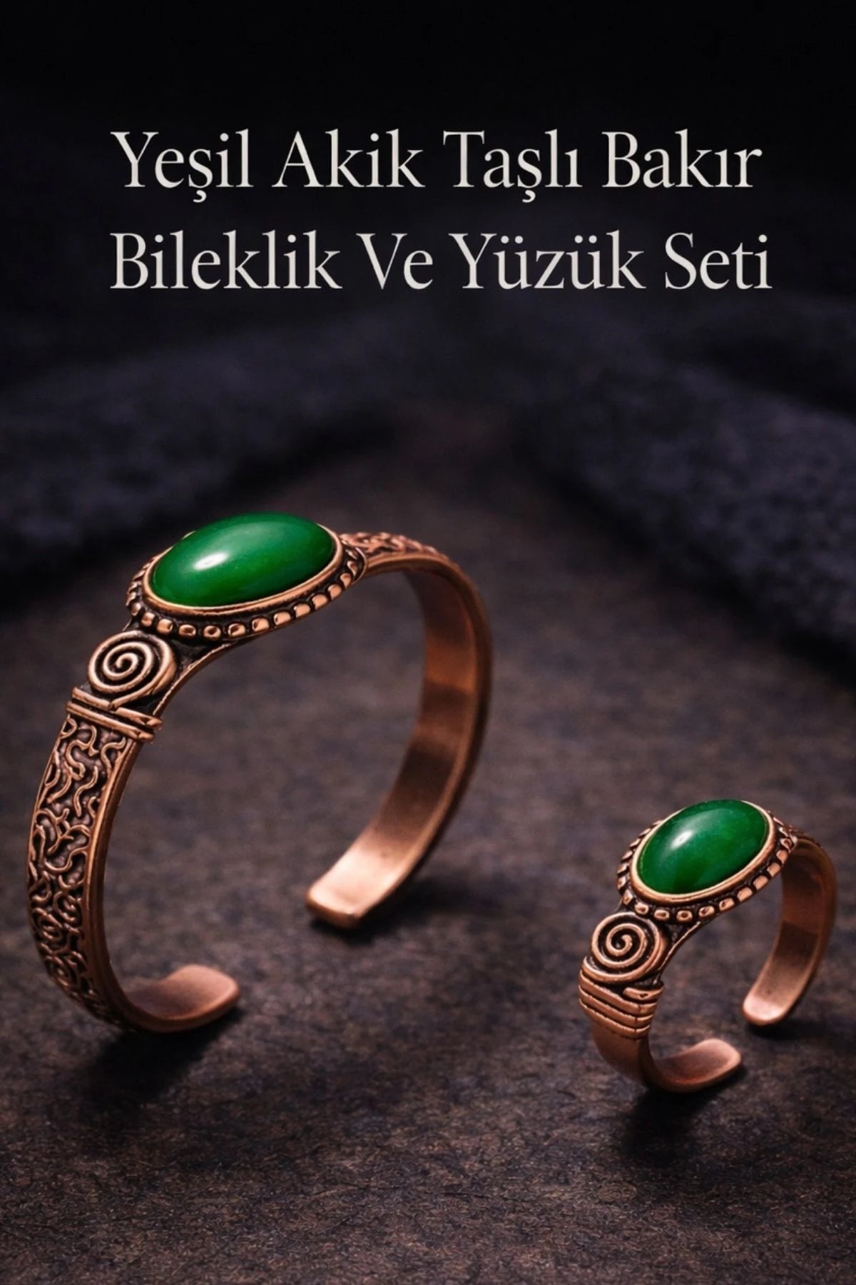 Kadın Bakır Bileklik ve Yüzük Takım Seti Yeşil Akik Taşlı Set El İşçiliği Özel Tasarım