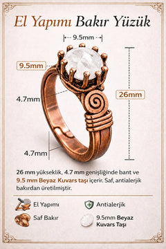 El Yapımı Beyaz Kuvars Taşlı Bakır Yüzük 9.5mm Doğal Taş Antialerjik Kadın Ayarlanabilir Yüzük
