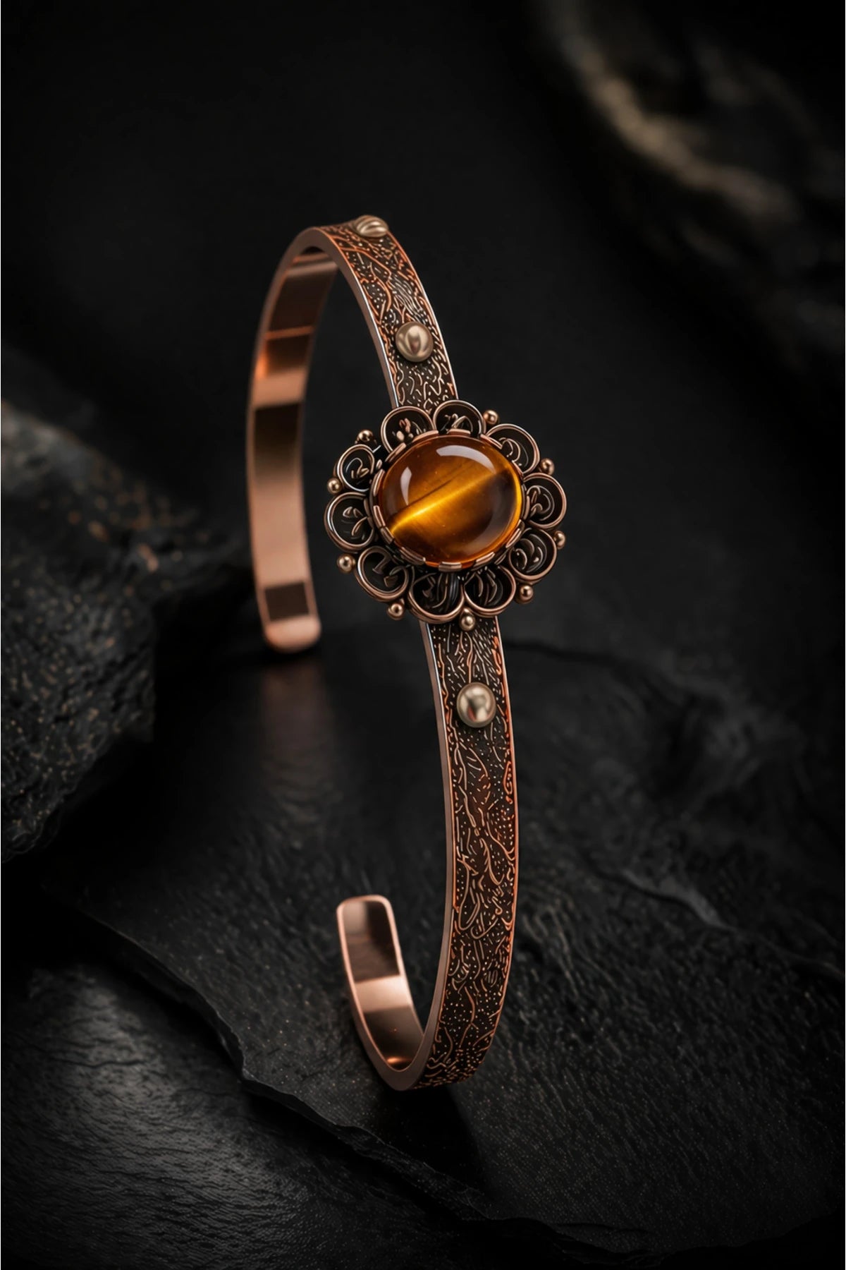 Kadın Bakır Bileklik Yüzük Set Doğal Siyah Oniks Taşlı Otantik Model Set