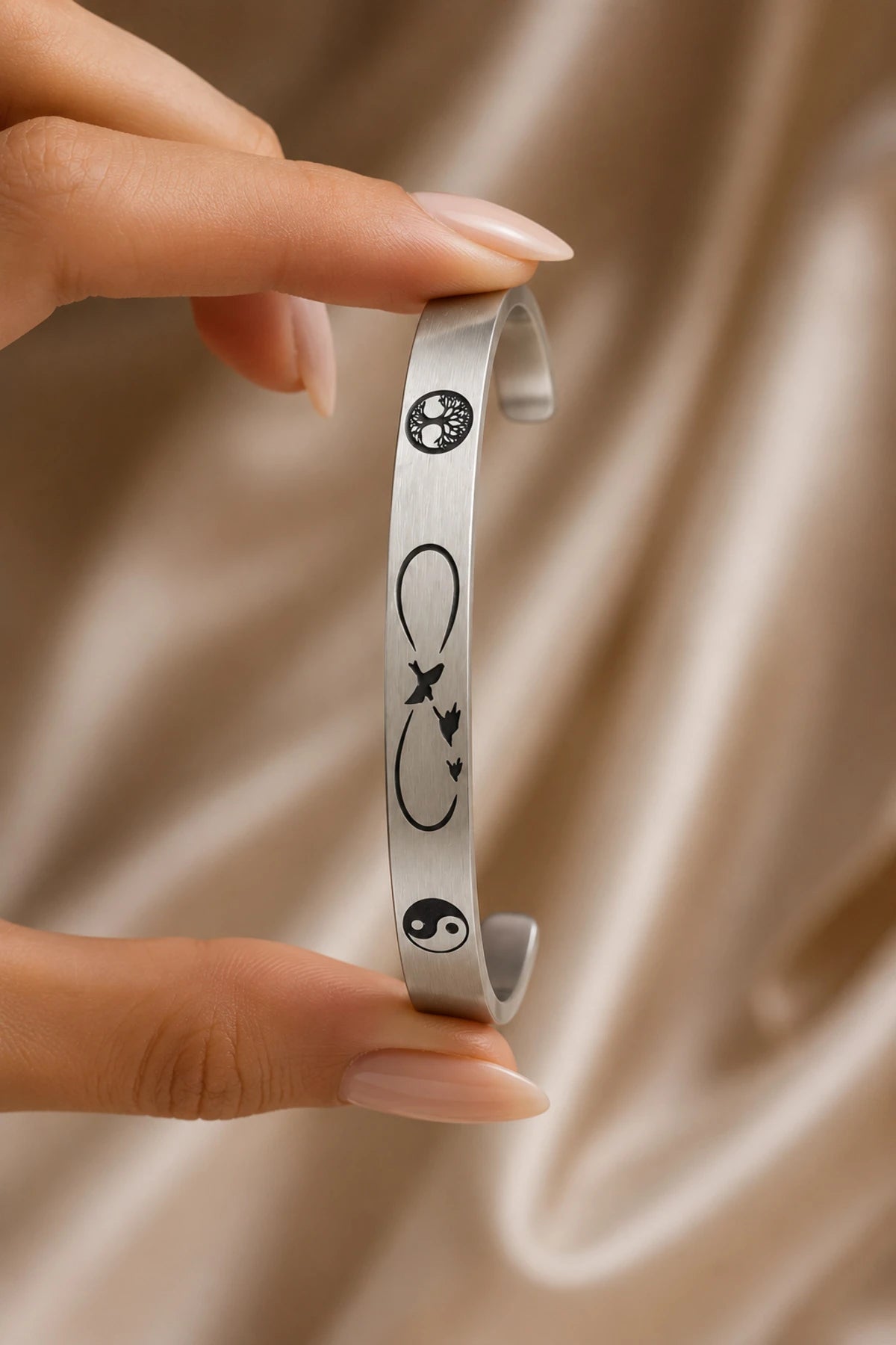 Hayat Ağacı ve Yin Yang Desenli Paslanmaz Çelik Bileklik Unisex Ayarlanabilir Bilezik