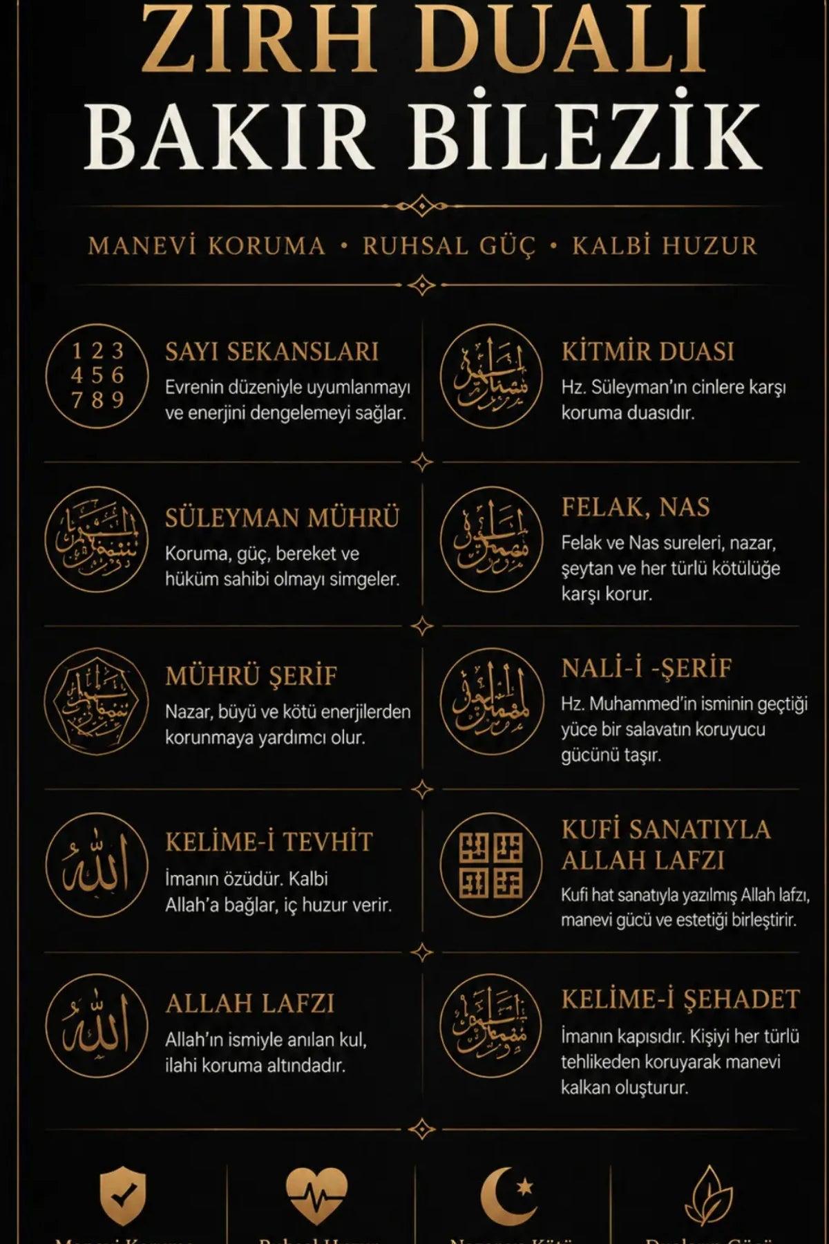 %100 Saf Bakır Dualı 3'lü Takı Seti Kolye Bileklik Yüzük İslami Semboller İşlemeli Erkek Kadın El Yapımı