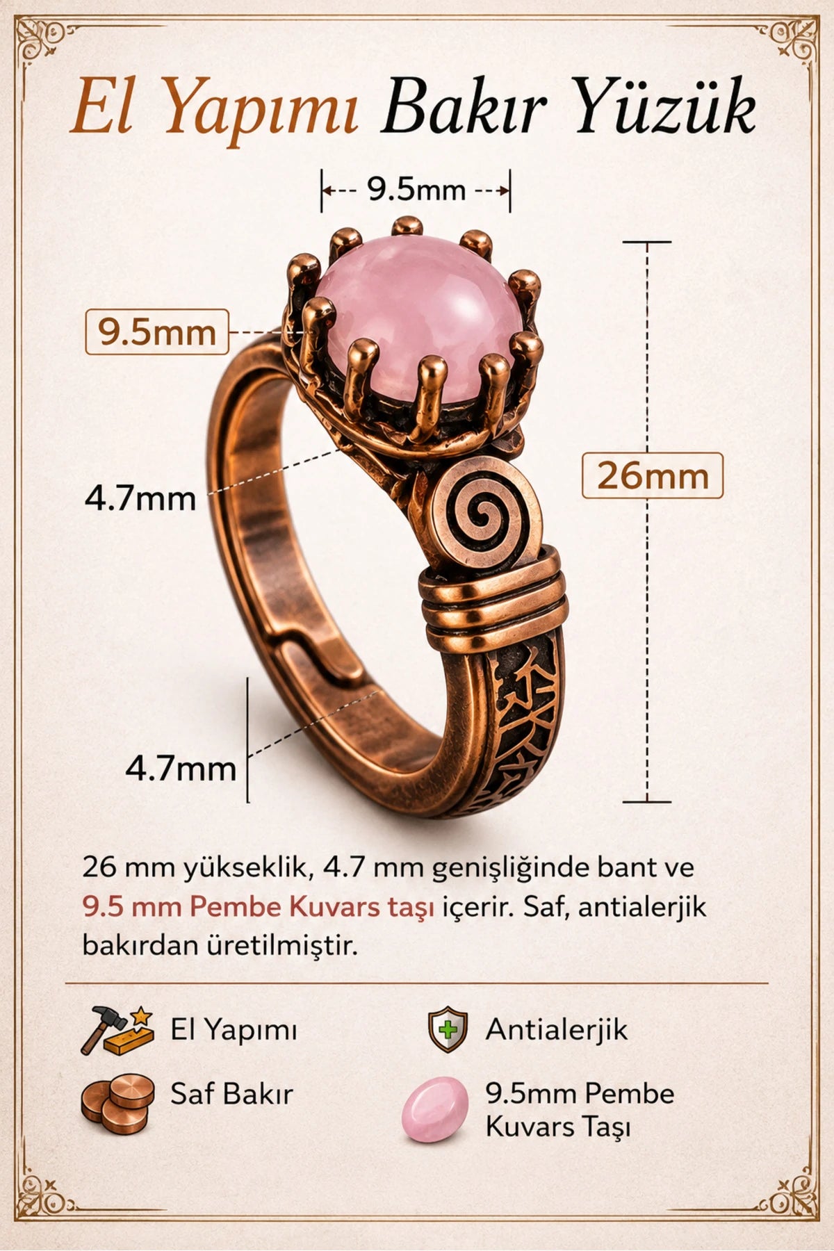 El Yapımı Pembe Kuvars Taşlı Bakır Yüzük 9.5mm Doğal Taş Antialerjik Kadın Ayarlanabilir Yüzük