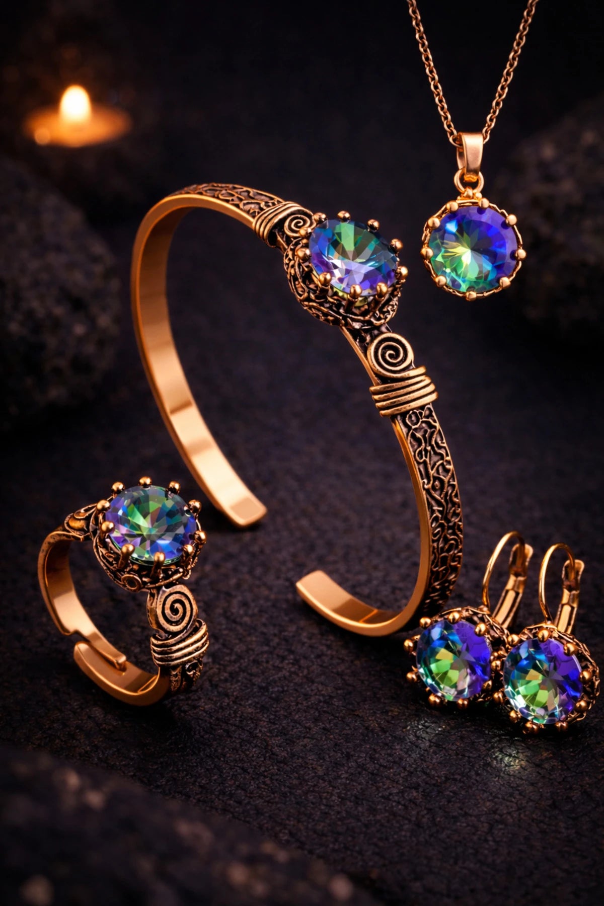 Kadın Bakır Bileklik Yüzük Küpe Kolye Takım Seti Doğal Mistik Topaz Yuvarlak Model Bakır Set