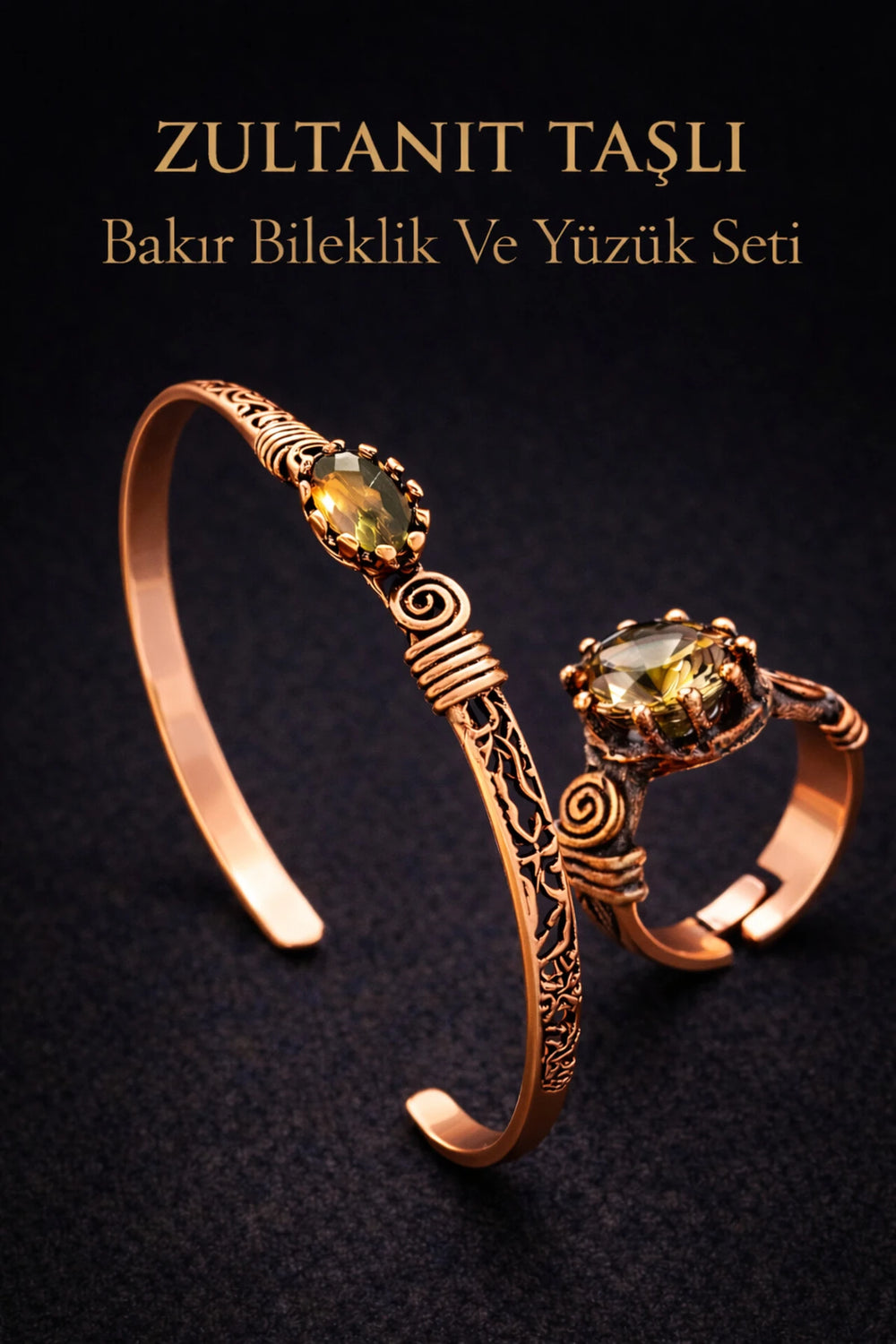 Kadın Bakır Bileklik ve Yüzük Takım Seti Renk Değiştiren Zultanit Taşlı Set El Yapımı Özel Tasarım