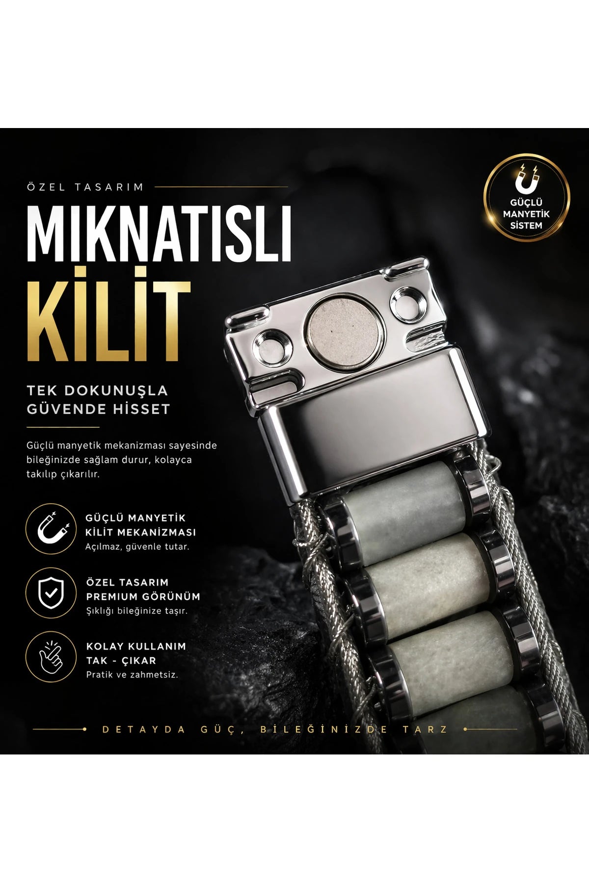 Erkek Çelik Bileklik Doğal Amazonit Taşlı Paslanmaz 316 L Premium Bileklik Özel Mıknatıslı Kilit