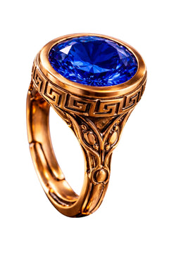 Mavi Safir Taşlı Bakır Yüzük El Yapımı Antik Desenli Yüzük Kadın Ayarlanabilir