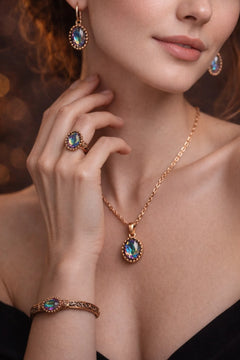 Kadın Bakır Bileklik Yüzük Küpe Kolye Takım Seti Doğal Mistik Topaz Oval Model Bakır Set
