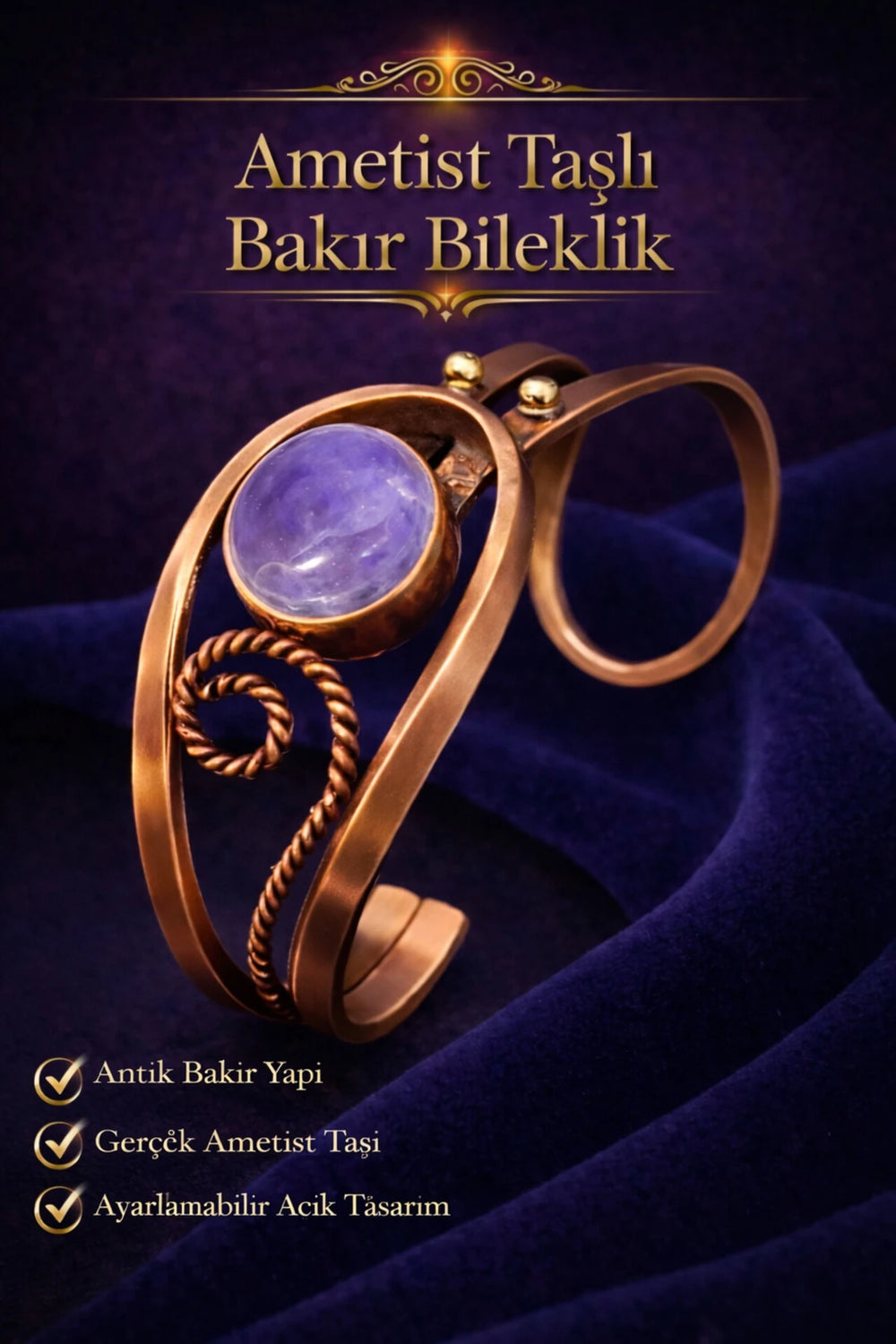 Kadın Bakır Bileklik Doğal Ametist Taşlı Otantik Model Bilezik Her Bileğe Uygun