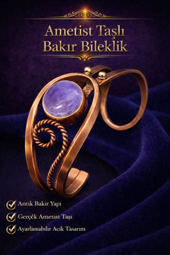 Kadın Bakır Bileklik Doğal Ametist Taşlı Otantik Model Bilezik Her Bileğe Uygun