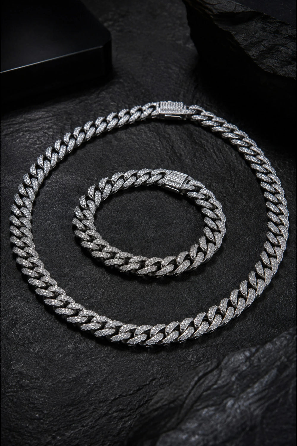 Erkek Taşlı Cuban Chain Bileklik ve Kolye Set Zirkon Taşlı Hip Hop Rapçi Stil Paslanmaz Çelik Bileklik Kolye