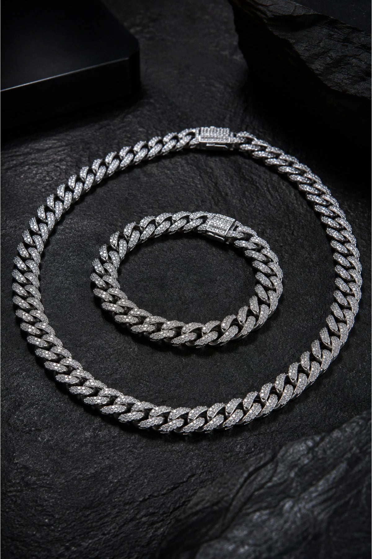 Erkek Taşlı Cuban Chain Bileklik ve Kolye Set Zirkon Taşlı Hip Hop Rapçi Stil Paslanmaz Çelik Bileklik Kolye