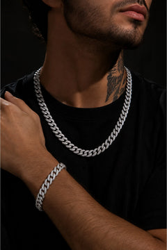 Erkek Taşlı Cuban Chain Bileklik ve Kolye Set Zirkon Taşlı Hip Hop Rapçi Stil Paslanmaz Çelik Bileklik Kolye