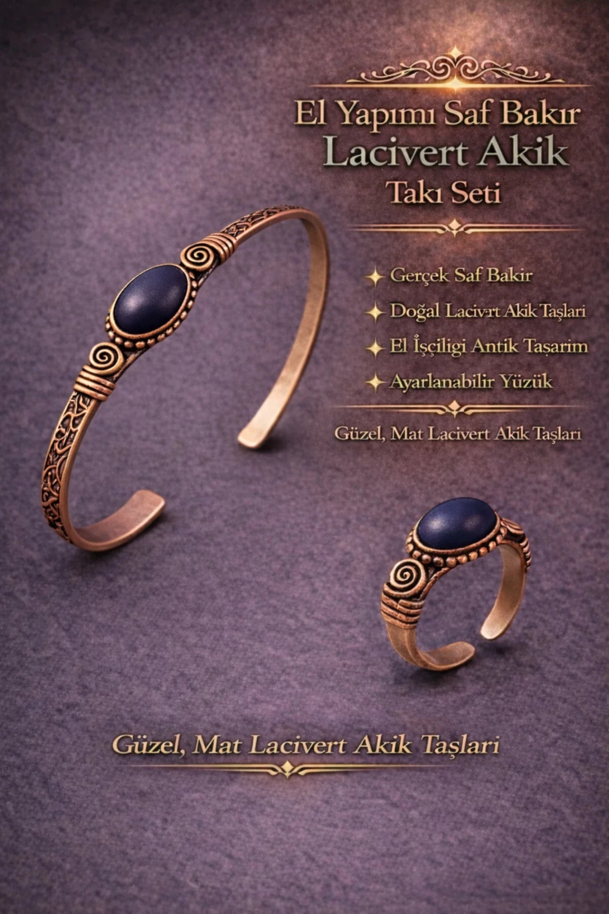 Kadın Bakır Bileklik Yüzük Set Lacivert Taşlı Oval Model Kelepçe Bilezik