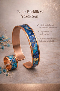 Kadın Bakır Bileklik Yüzük Set Denizin İncisi Model Ayarlanabilir Kelepçe Bilezik