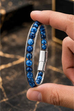 Erkek Çelik Lapis Lazuli Doğal Taş Bileklik Çift Sıra Örgü Tasarım Şık Modern Bileklik