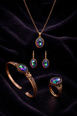 Kadın Bakır Bileklik Yüzük Küpe Kolye Takım Seti Doğal Mistik Topaz Oval Model Bakır Set