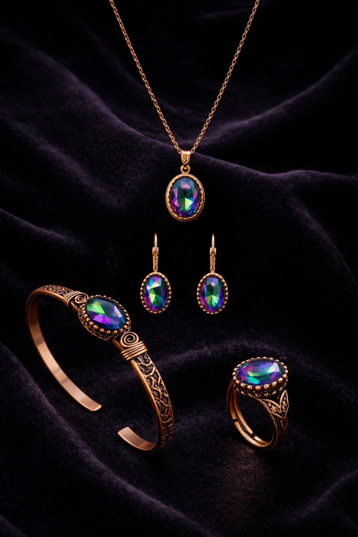 Kadın Bakır Bileklik Yüzük Küpe Kolye Takım Seti Doğal Mistik Topaz Oval Model Bakır Set