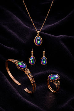 Kadın Bakır Bileklik Yüzük Küpe Kolye Takım Seti Doğal Mistik Topaz Oval Model Bakır Set